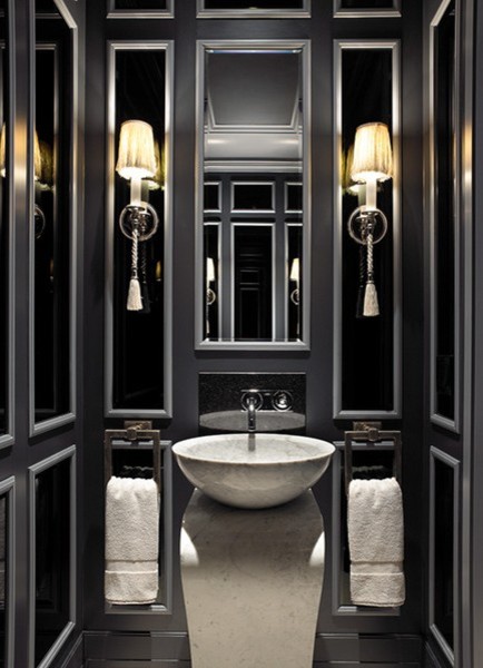 Medium sized traditional cloakroom in Houston with open cabinets, grey cabinets, black walls and a vessel sink.