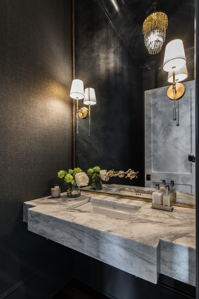 Elegant powder room photo in Charlotte with black walls and an undermount sink