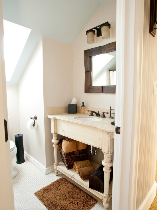 Photo of a medium sized classic cloakroom in Cleveland with open cabinets, distressed cabinets, white tiles, porcelain tiles, beige walls, porcelain flooring, a submerged sink, limestone worktops, white floors and beige worktops.