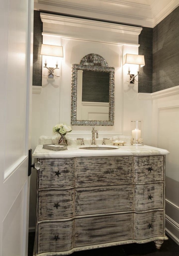 Nautical cloakroom in Orange County with a submerged sink, freestanding cabinets, distressed cabinets, grey walls, dark hardwood flooring and white worktops.