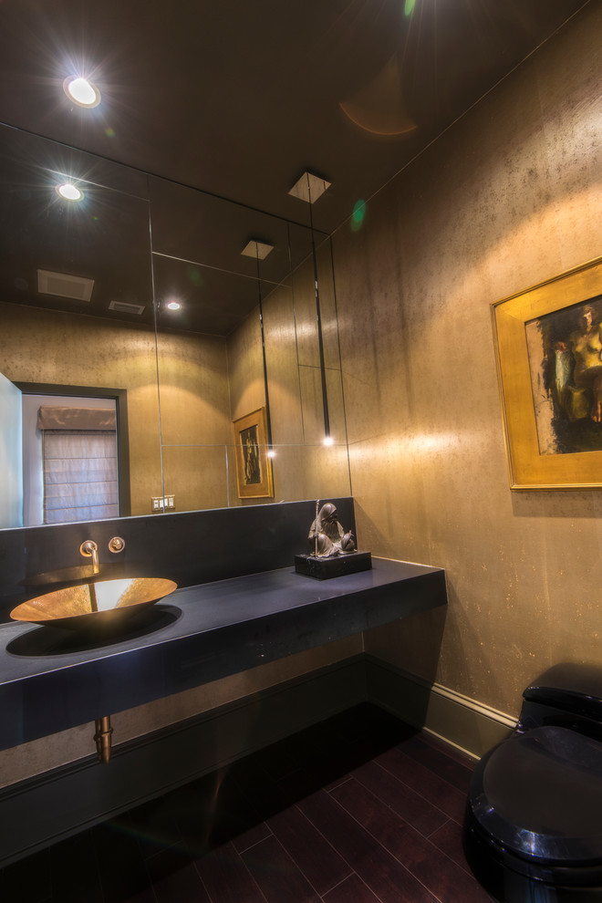 Photo of a medium sized midcentury cloakroom in Tampa with a one-piece toilet, yellow walls, dark hardwood flooring, a vessel sink and engineered stone worktops.