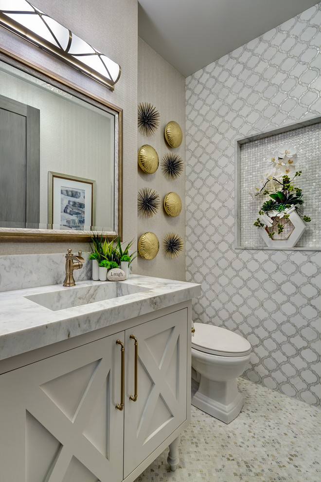 Design ideas for a small coastal cloakroom in Orange County with freestanding cabinets, white cabinets, grey walls, mosaic tile flooring, an integrated sink, marble worktops, multi-coloured floors, multi-coloured tiles and grey worktops.