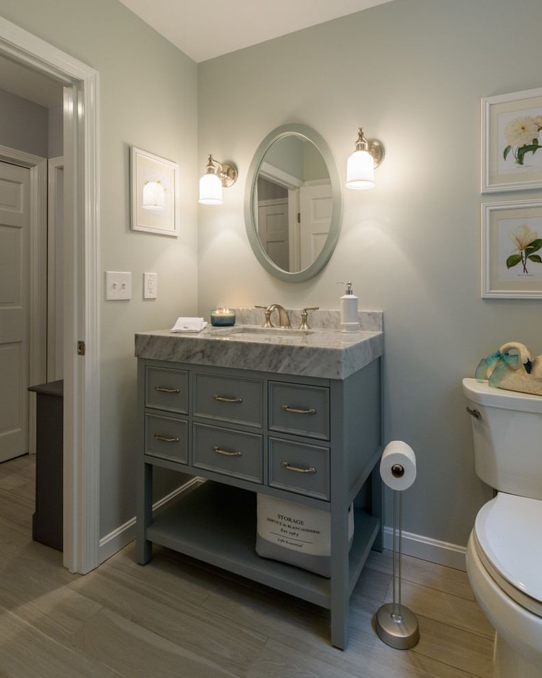 Cette image montre un WC et toilettes rustique de taille moyenne avec un plan de toilette en quartz, un sol gris, un plan de toilette gris, un placard en trompe-l'oeil, des portes de placard bleues, WC séparés, un mur bleu, un sol en vinyl et un lavabo encastré.