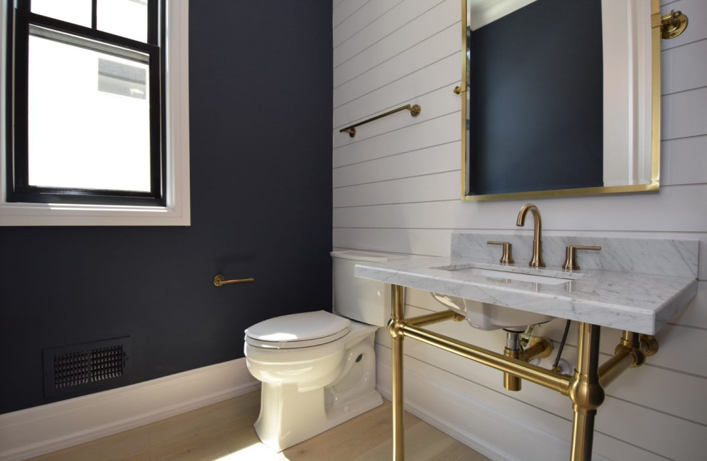 Exemple d'un WC et toilettes nature de taille moyenne avec WC séparés, un mur bleu, parquet clair, un lavabo de ferme, un plan de toilette en marbre et un plan de toilette gris.