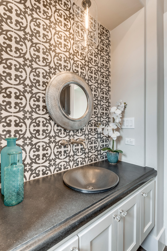 Inspiration for a huge transitional black and white tile and cement tile porcelain tile powder room remodel in Dallas with shaker cabinets, a vessel sink, granite countertops, black countertops and a floating vanity