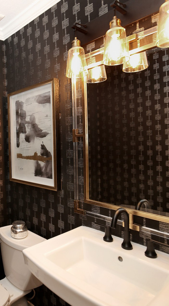Small bohemian cloakroom in Denver with black walls, a pedestal sink and wallpapered walls.