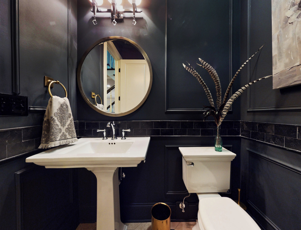 Design ideas for a small traditional cloakroom in Chicago with a two-piece toilet, black tiles, limestone tiles, black walls, porcelain flooring, a pedestal sink and multi-coloured floors.