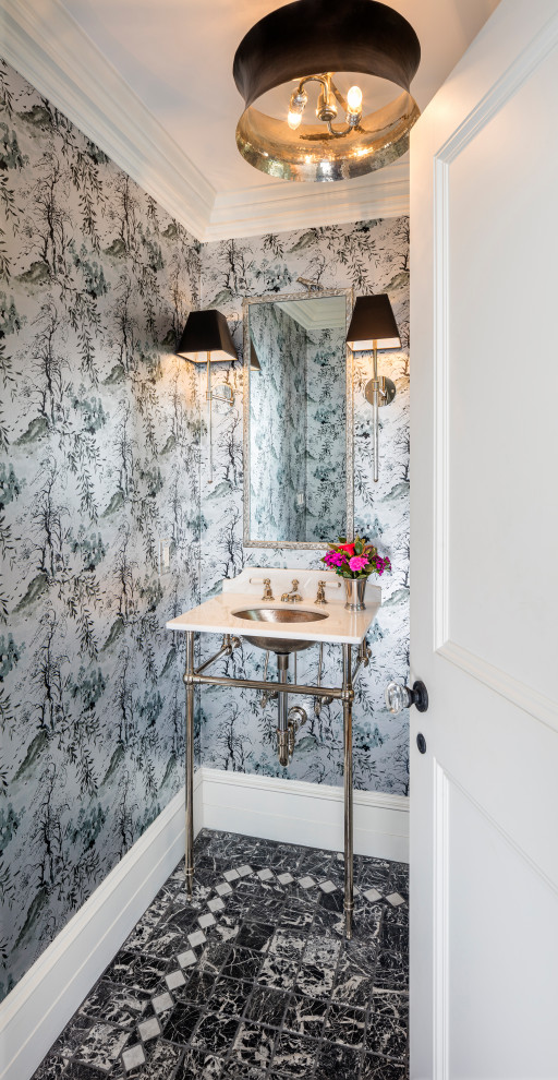 Inspiration for a traditional cloakroom in Boston with grey walls, a submerged sink, black floors, white worktops and wallpapered walls.