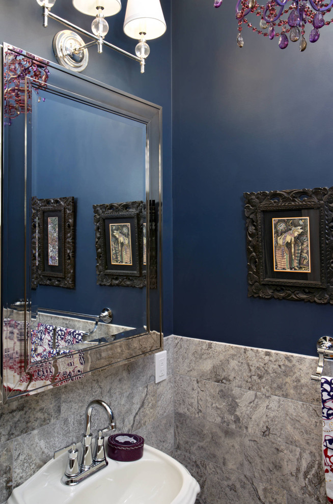 Powder room - eclectic gray tile powder room idea in Boston with a pedestal sink