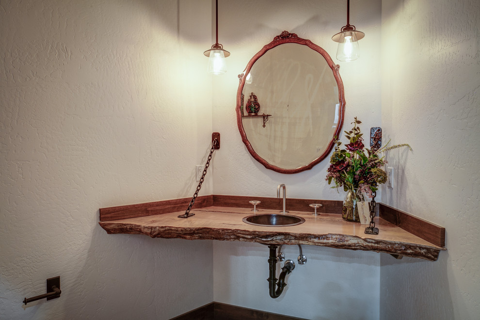 Inspiration for a medium sized rustic cloakroom in Seattle with a built-in sink, wooden worktops and white walls.