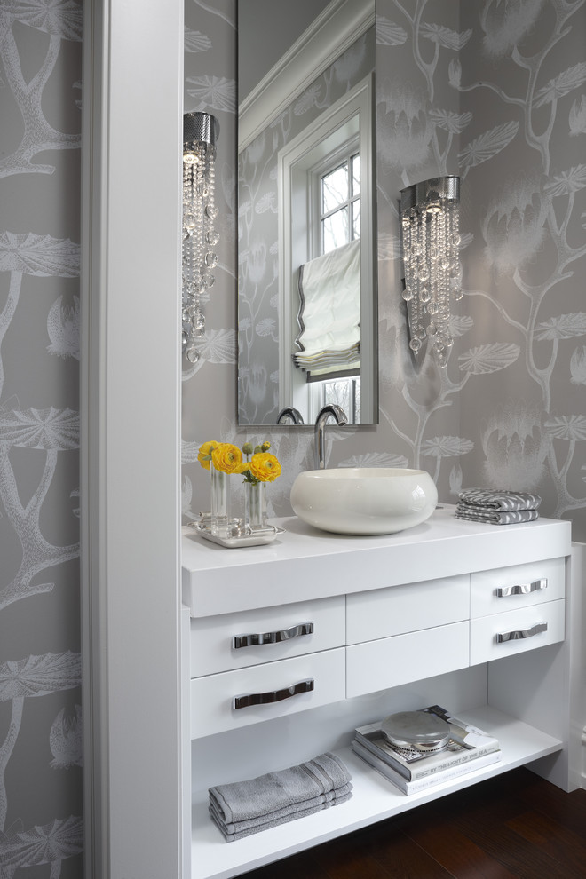 Example of a trendy powder room design in Detroit with a vessel sink