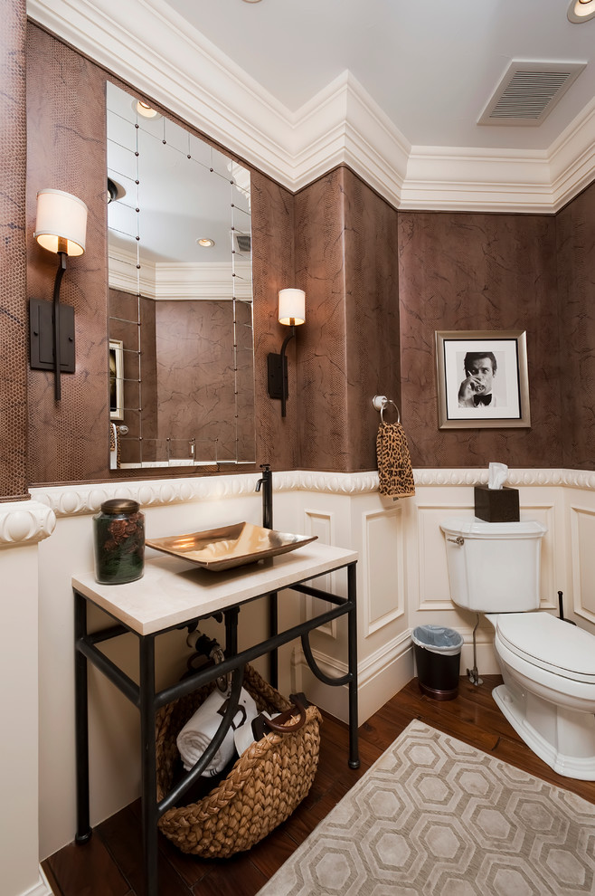 This is an example of a large classic cloakroom in Denver with a two-piece toilet, multi-coloured walls, dark hardwood flooring, a vessel sink and limestone worktops.