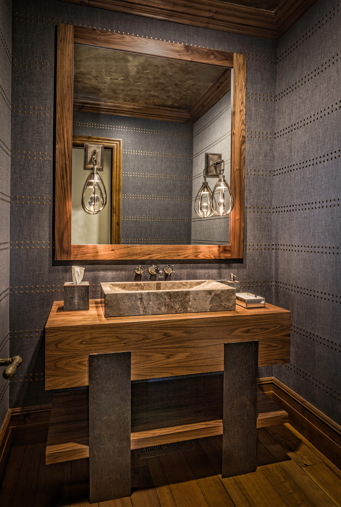 This is an example of a medium sized rustic cloakroom in Denver with open cabinets, medium wood cabinets, grey walls, medium hardwood flooring, a built-in sink, wooden worktops, brown floors and brown worktops.