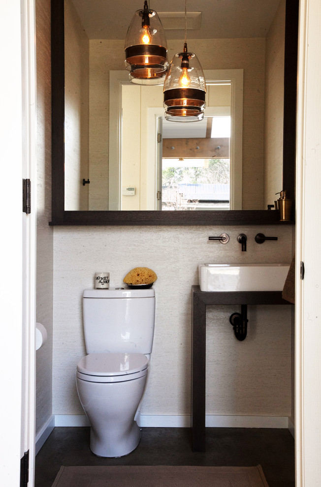 Idéer för ett mellanstort industriellt toalett, med en toalettstol med separat cisternkåpa, bruna väggar, mörkt trägolv och ett piedestal handfat