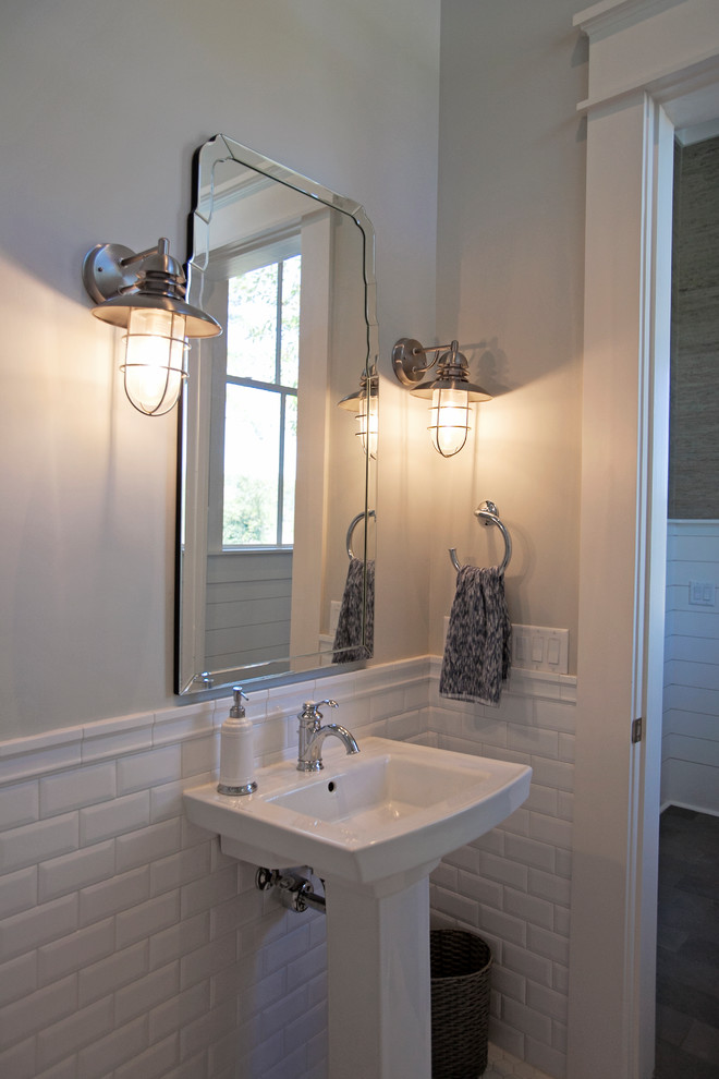 Inspiration for a large classic cloakroom in Atlanta with grey walls and a pedestal sink.