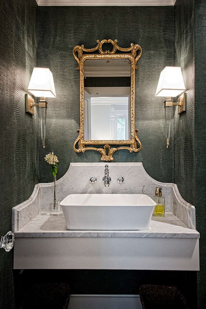 Example of a mid-sized tuscan green tile powder room design in Cleveland with open cabinets, white cabinets, a vessel sink and gray countertops