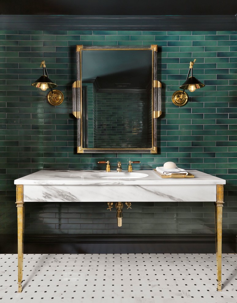 Example of a classic green tile and subway tile multicolored floor powder room design in St Louis with green walls, an undermount sink, marble countertops and white countertops