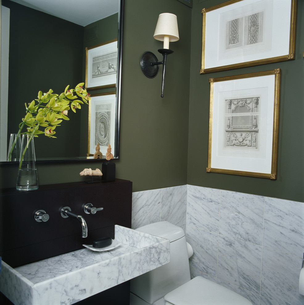 Inspiration for a contemporary marble tile powder room remodel in Chicago with a wall-mount sink