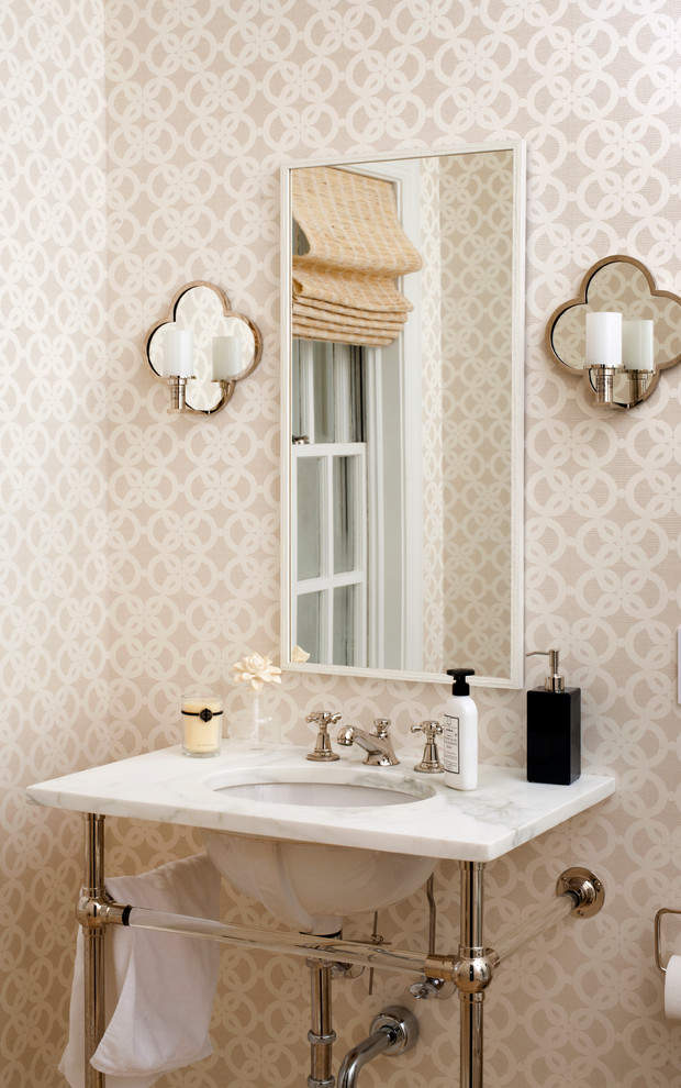 ワシントンD.C.にある小さなトラディショナルスタイルのおしゃれなトイレ・洗面所 (アンダーカウンター洗面器、大理石の洗面台、マルチカラーの壁) の写真