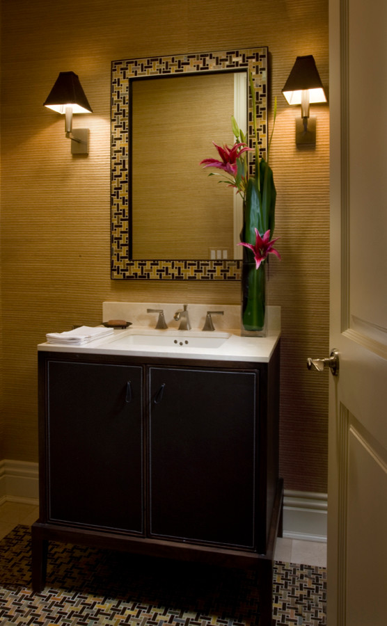 Inspiration for a large timeless multicolored tile mosaic tile floor powder room remodel in Chicago with an undermount sink, flat-panel cabinets, dark wood cabinets and beige walls