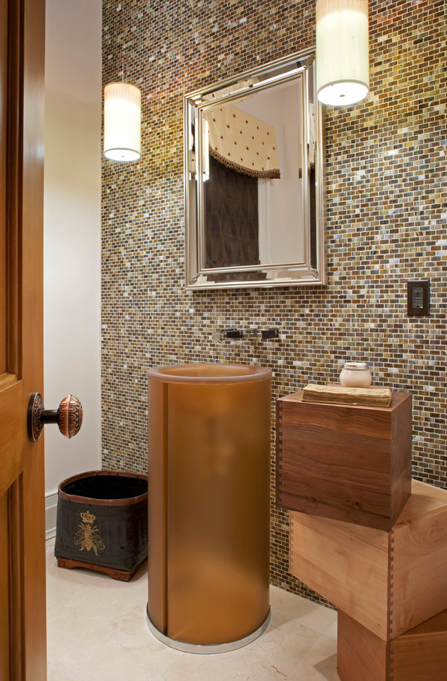 Inspiration for a classic cloakroom in Other with a pedestal sink and beige tiles.