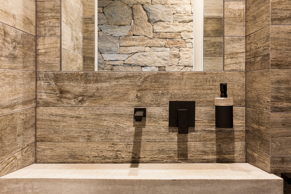 Moderne Gästetoilette mit Keramikfliesen, Keramikboden und Beton-Waschbecken/Waschtisch in Melbourne
