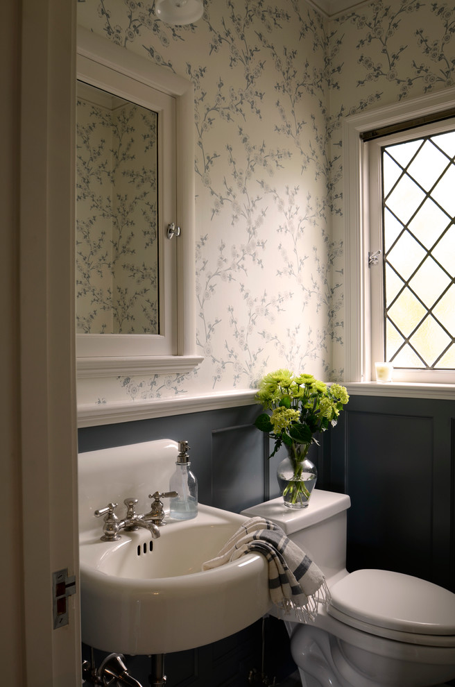 Design ideas for a small traditional cloakroom in Portland with a one-piece toilet, blue walls and a wall-mounted sink.