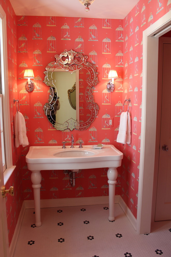 Inspiration for a porcelain tile powder room remodel in Philadelphia with pink walls