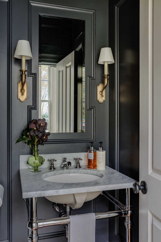 Powder room - small country medium tone wood floor and brown floor powder room idea in Boston with a one-piece toilet, blue walls, a pedestal sink, marble countertops and white countertops