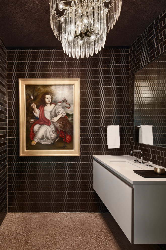This is an example of a small contemporary cloakroom in Austin with flat-panel cabinets, white cabinets, a submerged sink, black tiles, mosaic tiles, brown floors, white worktops and a floating vanity unit.