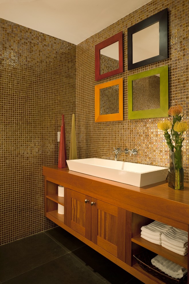 Example of a trendy powder room design in Miami with a trough sink