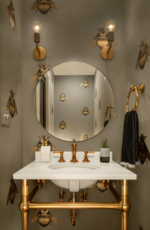 Glamorous Nature: Powder Room with Bee Patterned Wallpaper - Bathroom Ideas