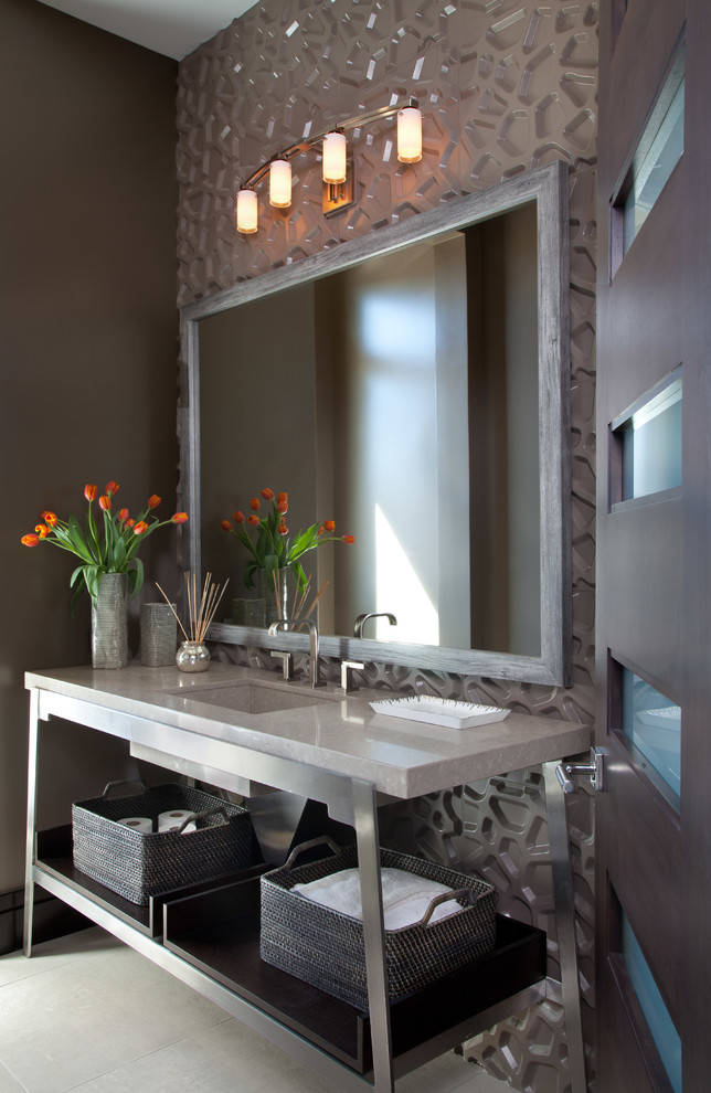 This is an example of a contemporary cloakroom in Denver with a submerged sink, open cabinets, beige tiles and grey tiles.