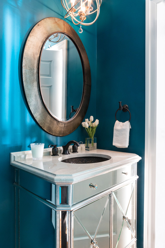 Powder room - mid-sized transitional powder room idea in DC Metro with blue walls