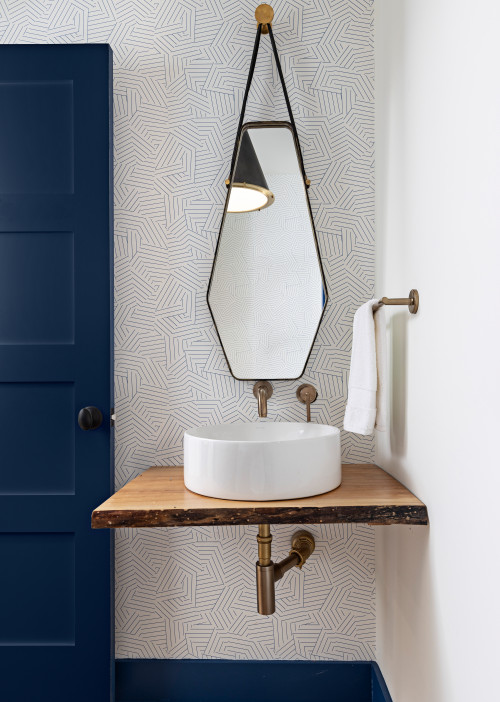 Live-Edge Luxury: Bathroom Wallpaper Ideas with a Walnut Counter and Dark Blue Accents