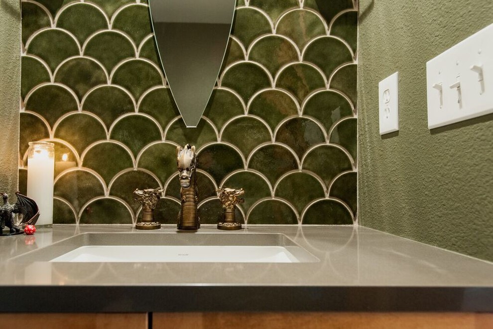 Example of a small eclectic green tile and ceramic tile porcelain tile powder room design in Seattle with shaker cabinets, dark wood cabinets, a two-piece toilet, green walls, an undermount sink and quartz countertops