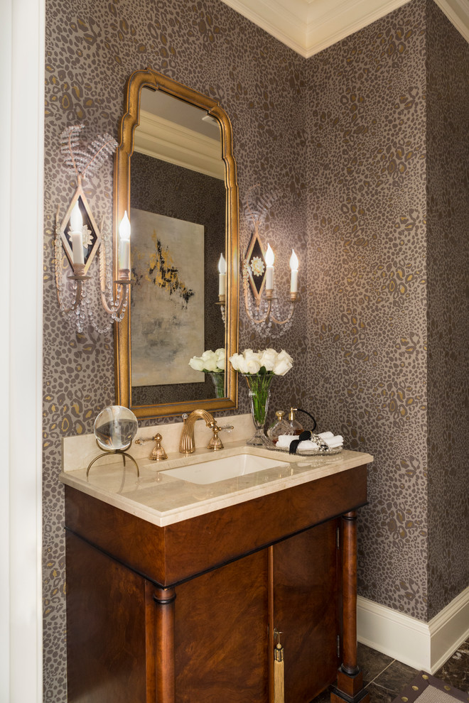 Transitional marble floor powder room photo in DC Metro with an integrated sink and marble countertops