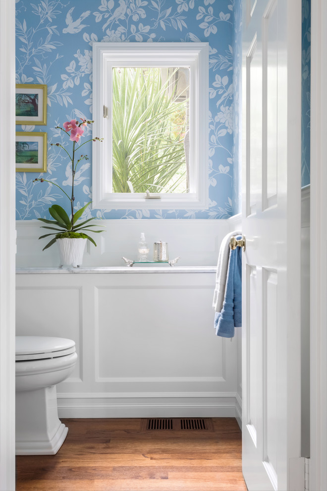 Idee per un bagno di servizio classico con pareti blu, parquet scuro e pavimento marrone