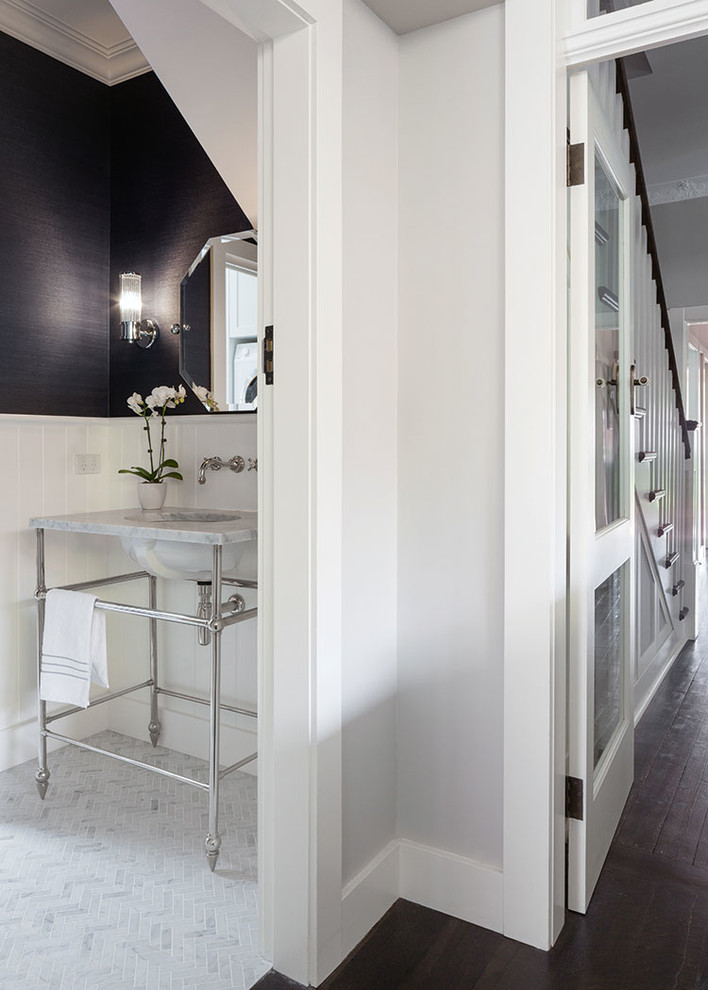 Design ideas for a small traditional cloakroom in Sydney with open cabinets, white cabinets, a wall mounted toilet, grey tiles, marble tiles, blue walls, marble flooring, a submerged sink, marble worktops and grey floors.