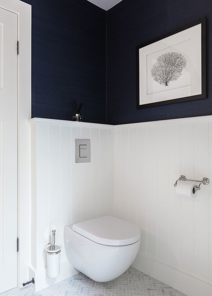 This is an example of a small classic cloakroom in Sydney with open cabinets, white cabinets, a wall mounted toilet, grey tiles, marble tiles, blue walls, marble flooring, a submerged sink, marble worktops and grey floors.