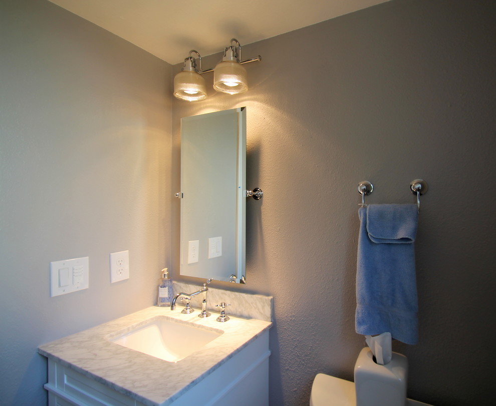 Kleine Klassische Gästetoilette mit Schrankfronten mit vertiefter Füllung, weißen Schränken, Toilette mit Aufsatzspülkasten, grauer Wandfarbe, braunem Holzboden, Unterbauwaschbecken und Marmor-Waschbecken/Waschtisch in Denver