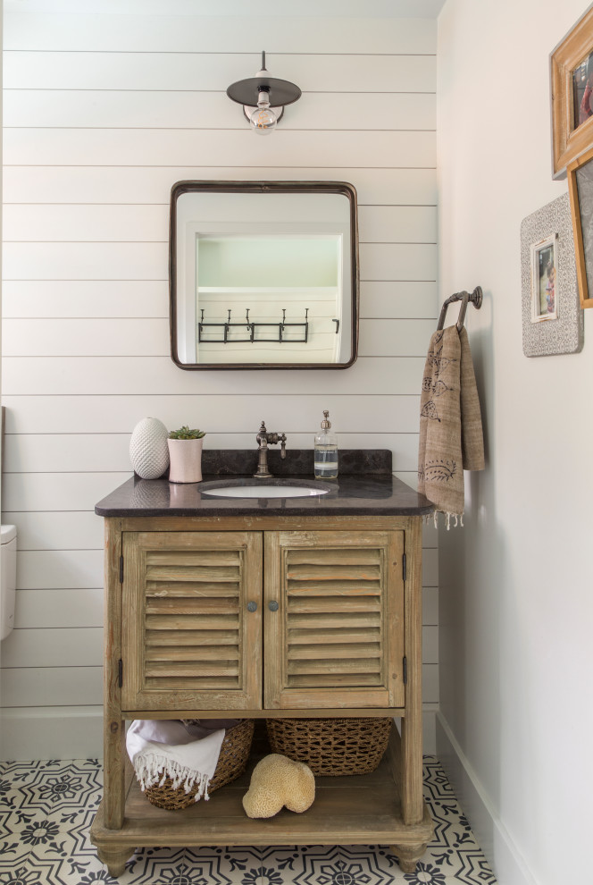 Design ideas for a medium sized country cloakroom in Other with louvered cabinets, light wood cabinets, white walls, cement flooring, a submerged sink, multi-coloured floors, black worktops, white tiles, quartz worktops, a freestanding vanity unit and tongue and groove walls.