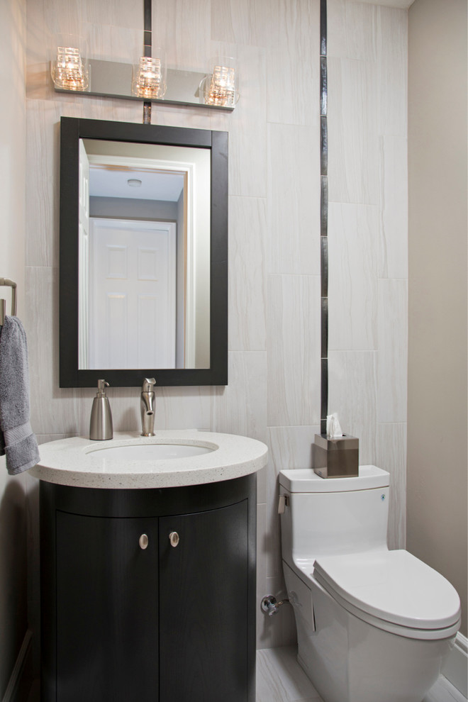 Small classic cloakroom in San Diego with flat-panel cabinets, a one-piece toilet, grey tiles, ceramic tiles, grey walls, ceramic flooring, a submerged sink, engineered stone worktops and black cabinets.