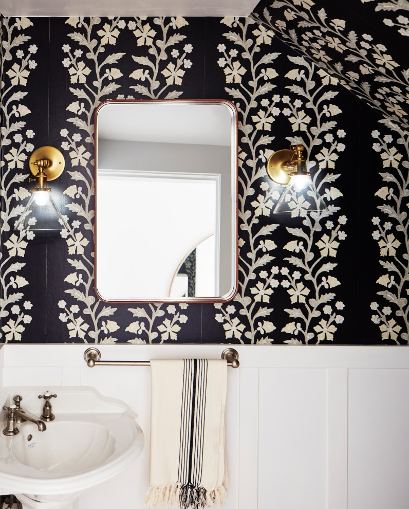 Inspiration for a medium sized classic cloakroom in San Francisco with multi-coloured walls and a pedestal sink.