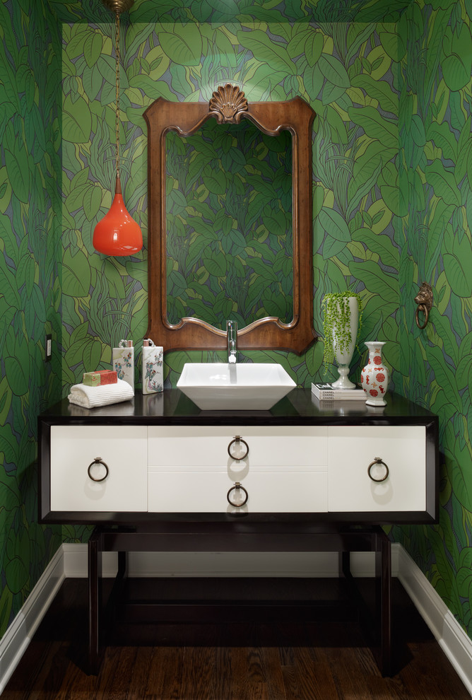 Example of a trendy powder room design in Orange County with a vessel sink, furniture-like cabinets and white cabinets