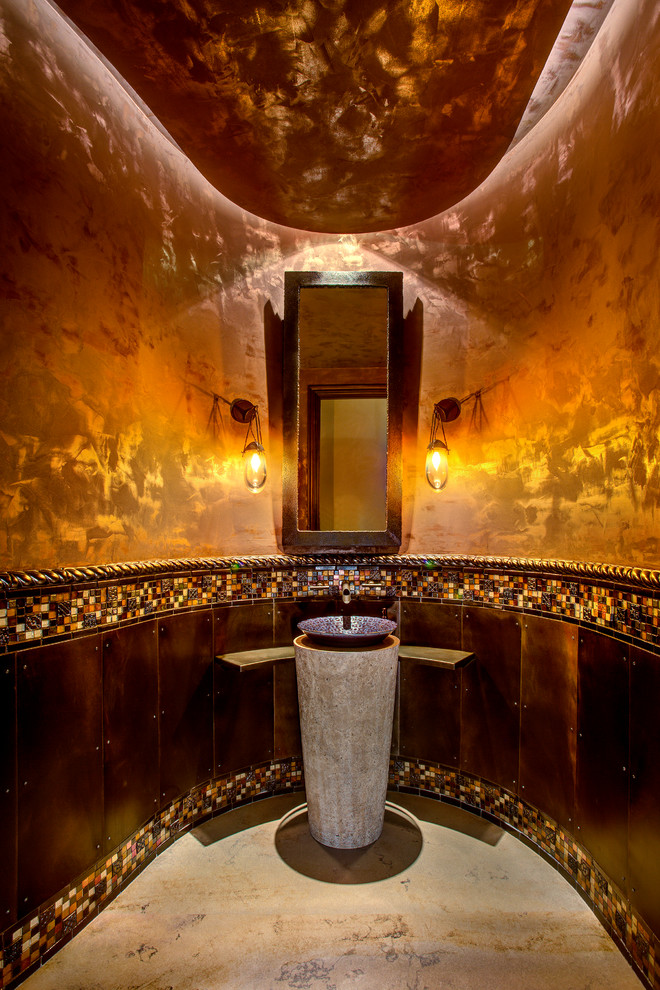 Photo of a mediterranean cloakroom in Phoenix with a vessel sink, multi-coloured tiles and mosaic tiles.