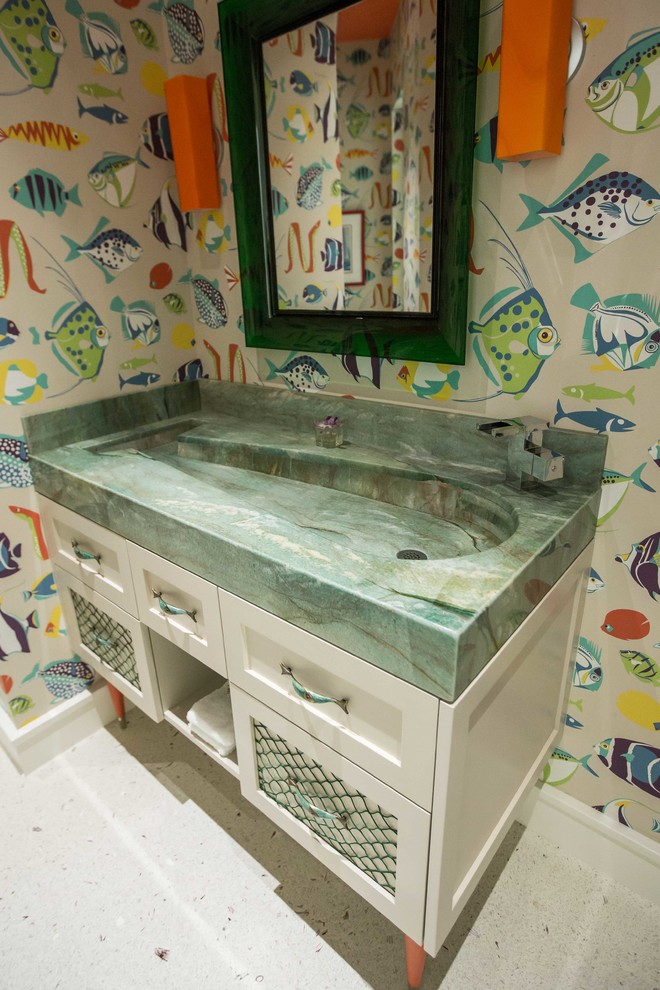 This is an example of a nautical cloakroom in Miami with white cabinets, multi-coloured walls, shaker cabinets, a trough sink and terrazzo flooring.