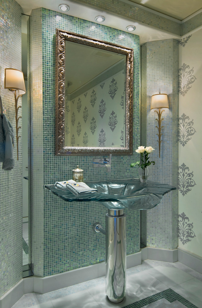 Inspiration for a small timeless white floor powder room remodel in Miami with green walls and a pedestal sink