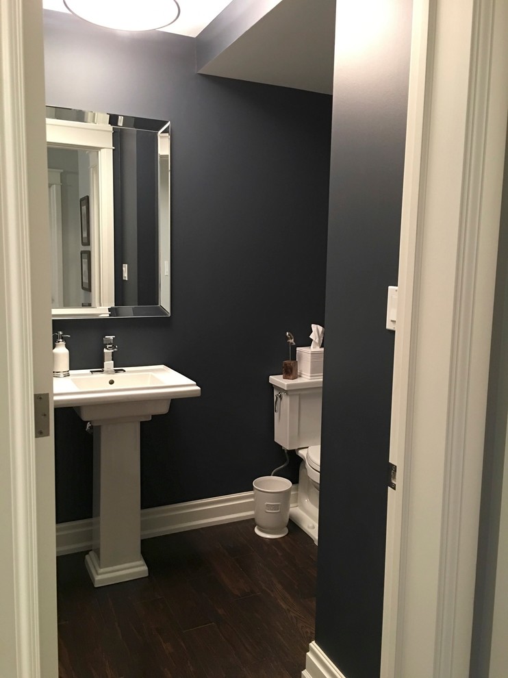 Example of a mid-sized transitional dark wood floor powder room design in Toronto with blue walls and a pedestal sink