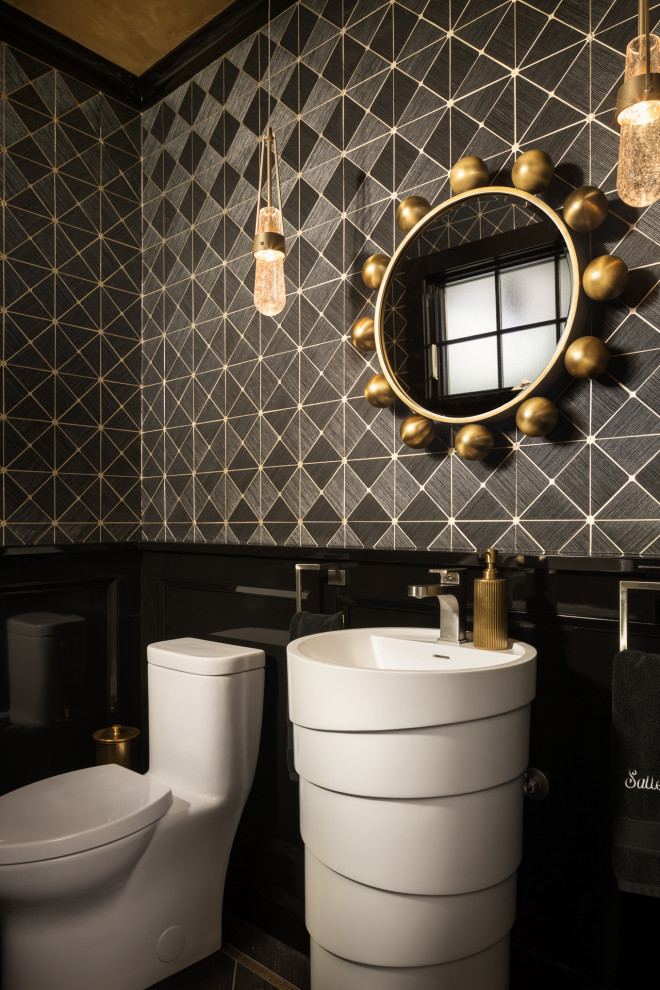 Mid-sized transitional porcelain tile and wallpaper powder room photo in New York with a pedestal sink and a freestanding vanity